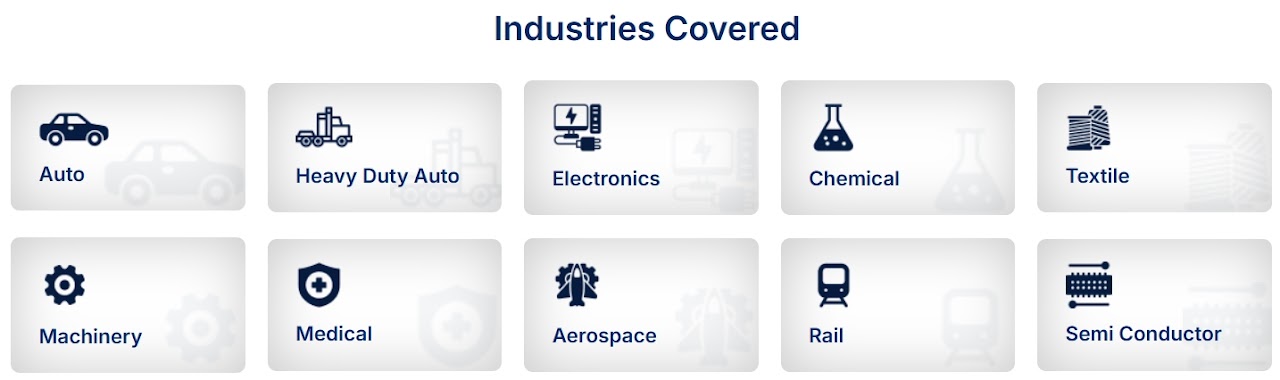 Auto, Heavy Duty Auto, Electronics, Chemical, Textile, Machinery, Medical, Aerospace, Rail, Semi Conductor